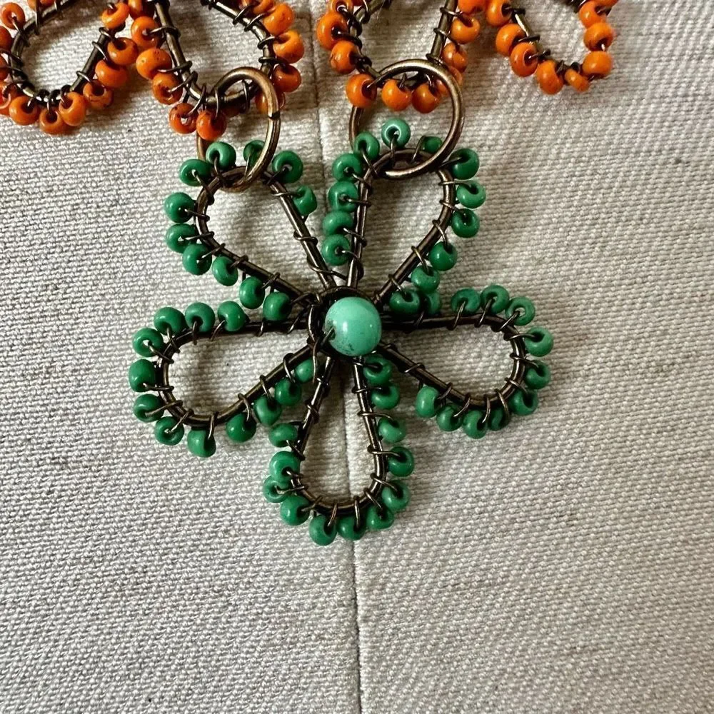 Green and orange flower beaded necklace